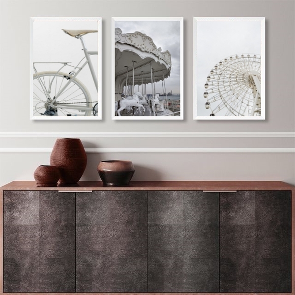 Kit 3 Quadros Minimalistas Fotografias Brancas- Bicicleta Car