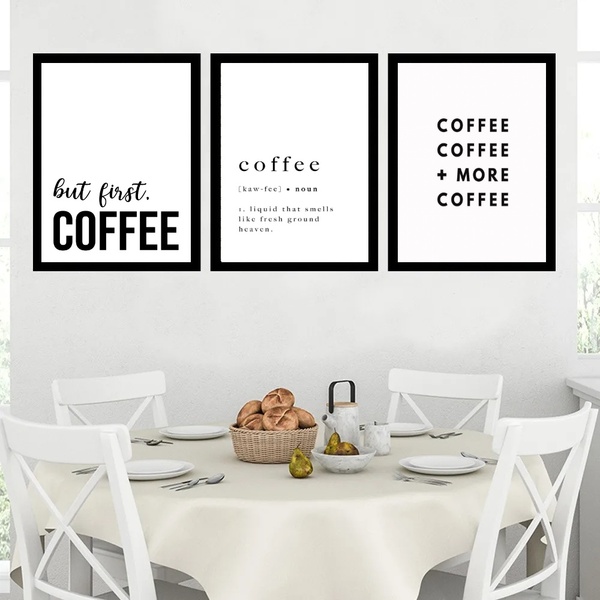 Kit 3 Quadros Minimalistas Frases Café 24x18cm Moldura Preta