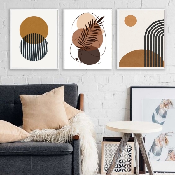 Kit 3 Quadros Minimalistas Marrons - Folha 45x34cm - Com Vidr
