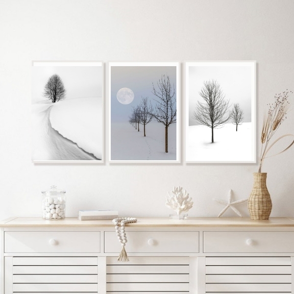 Kit 3 Quadros Minimalistas Paisagens Neve- Árvores 45x34cm -