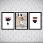 Kit 3 Quadros Moda Fashion Flores Corações 24x18cm Moldura:ma