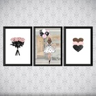 Kit 3 Quadros Moda Fashion Flores Corações 33x24cm - Com Vidr