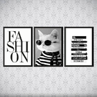 Kit 3 Quadros Moda Fashion Gatinho 33x24cm - Com Vidro Moldur