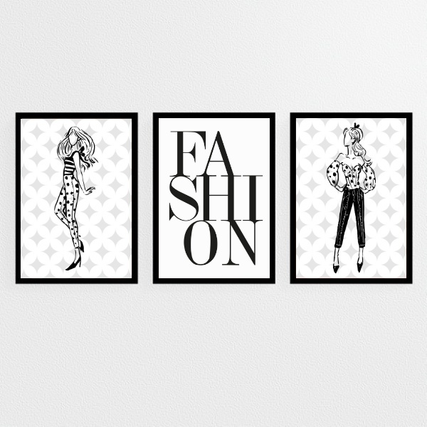 Kit 3 Quadros Moda Feminina Fashion 45x34cm - Com Vidro Moldu