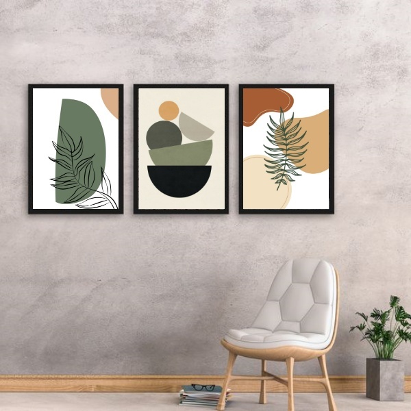 Kit 3 Quadros Modernos Boho Style 45x34cm Moldura:madeira Pre