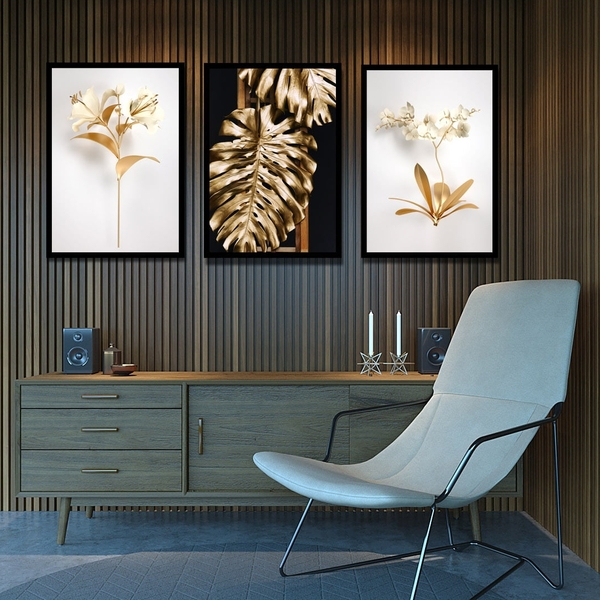 Kit 3 Quadros Modernos Florais - Contraste 24x18cm Moldura Pr