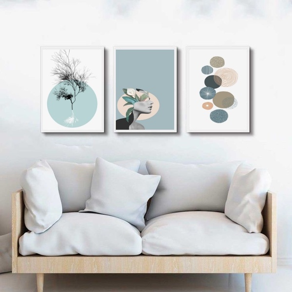 Kit 3 Quadros Modernos Suaves Verde Água 45x34cm - Com Vidro