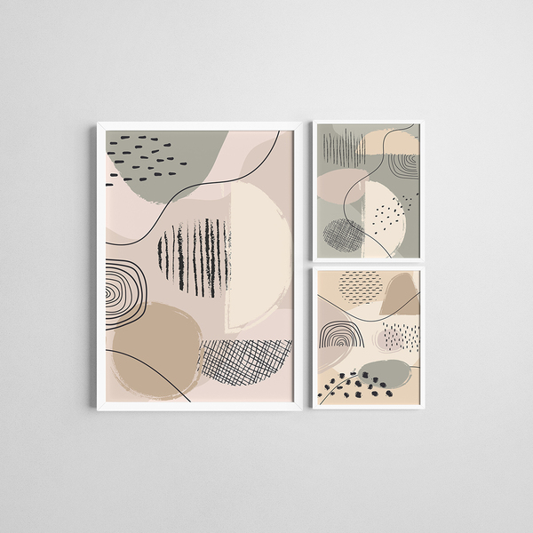 Kit 3 Quadros Moldura Branca Abstrato 20x30cm E 40x60cm