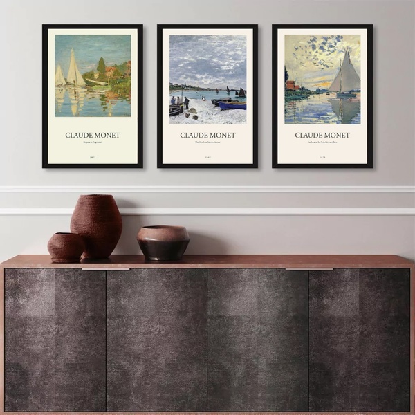 Kit 3 Quadros Monet - Regatas 33x24cm Moldura:madeira Branca