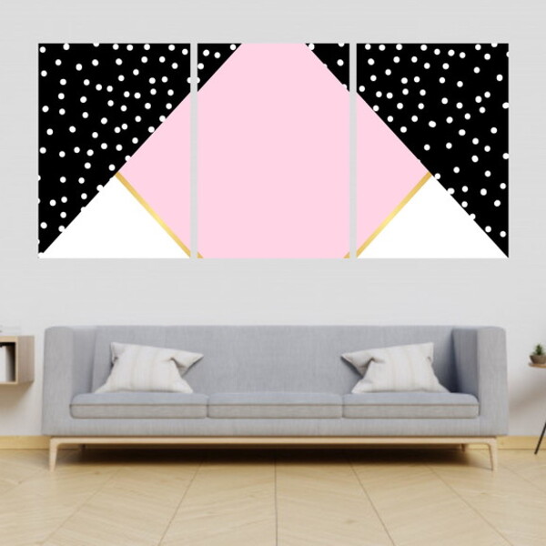 Kit 3 Quadros Mosaico Rosa E Preto 33x24cm - Com Vidro Moldur