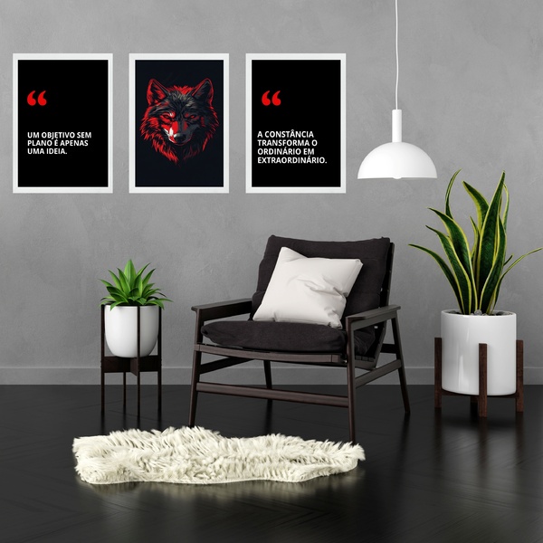 Kit 3 Quadros Motivacionais Empresa Objetivo Lobo 33x24cm Mol