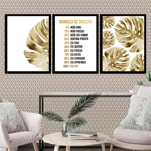 Kit 3 Quadros Motivacionais Sucesso - Dourado 33x24cm Moldura