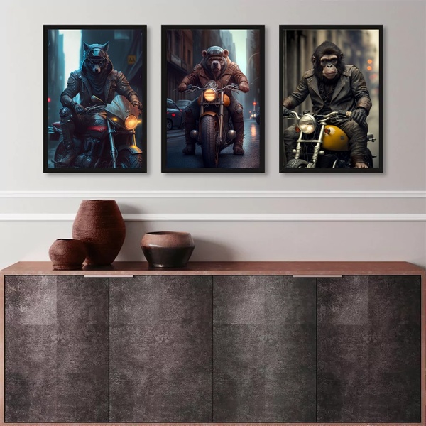 Kit 3 Quadros Motoqueiros Animais 33x24cm Moldura:madeira Pre