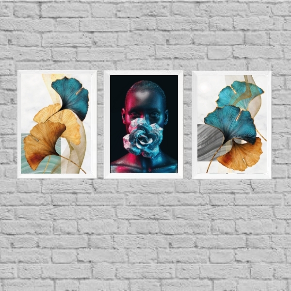 Kit 3 Quadros Mulher Com Flores Azuis 33x24cm Moldura:madeira