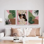 Kit 3 Quadros Mulher Com Flores E Folhas 45x34cm - Com Vidro