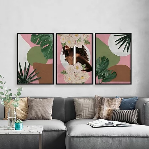 Kit 3 Quadros Mulher Com Flores E Folhas 45x34cm - Com Vidro