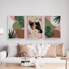 Kit 3 Quadros Mulher Com Flores E Folhas 45x34cm - Com Vidro