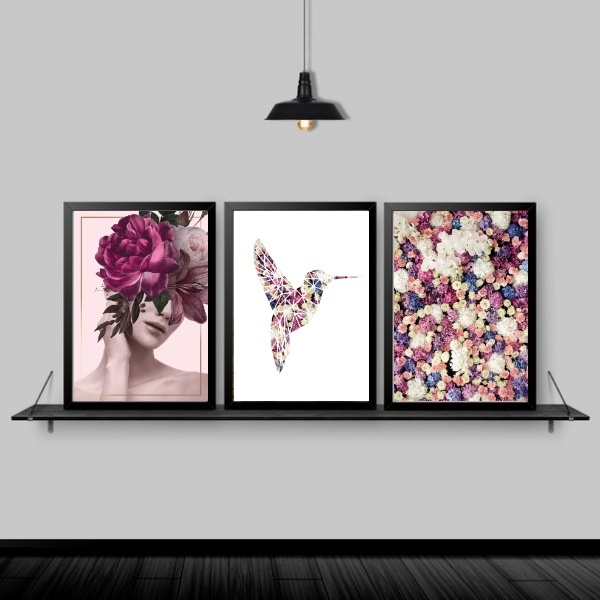 Kit 3 Quadros Mulher Flor E Beija Flor 33x24cm Moldura:madeir