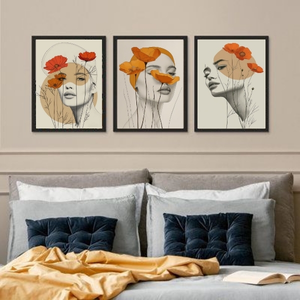 Kit 3 Quadros Mulheres Flores Amarelas E Laranja 33x24cm Mold