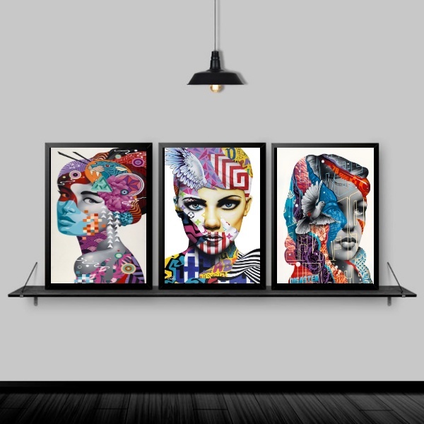 Kit 3 Quadros Mulheres Geométricas Coloridas 33x24cm - Com Vi