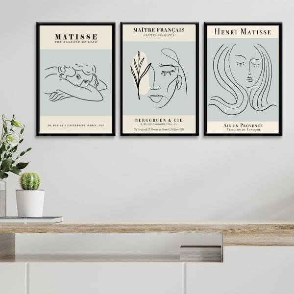 Kit 3 Quadros Mulheres Matisse - Azul Claro 33x24cm - Com Vid