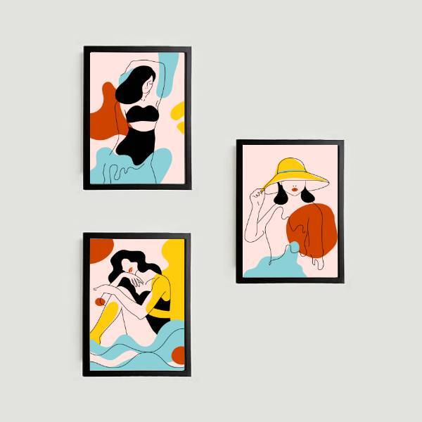 Kit 3 Quadros Mulheres Vamos A La Playa 33x24cm - Com Vidro M