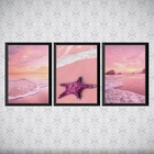 Kit 3 Quadros Natureza Praia Rosa 24x18cm Moldura:madeira Pre