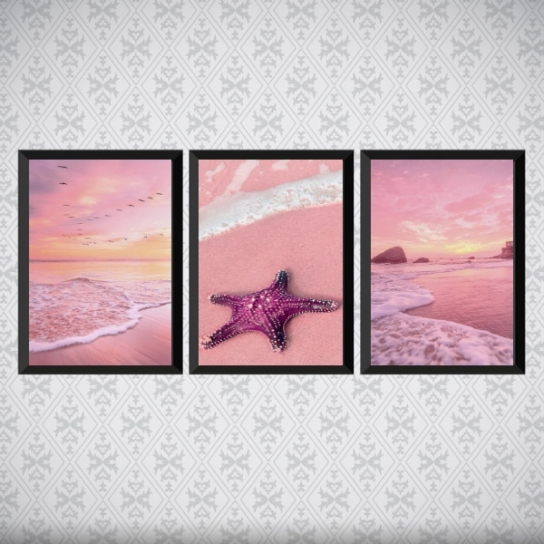 Kit 3 Quadros Natureza Praia Rosa 24x18cm Moldura:madeira Pre