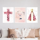 Kit 3 Quadros Nossa Senhora Aquarela Flores 33x24cm - Com Vid