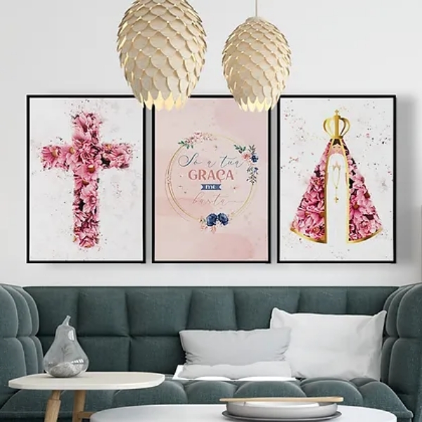 Kit 3 Quadros Nossa Senhora Aquarela Flores 33x24cm - Com Vid