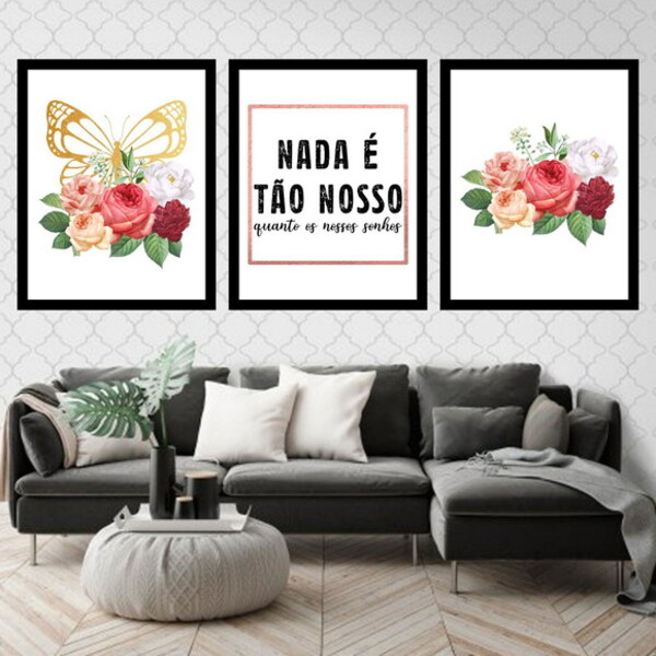 Kit 3 Quadros Nossos Sonhos Flor, Borboleta 33x24cm - Com Vid