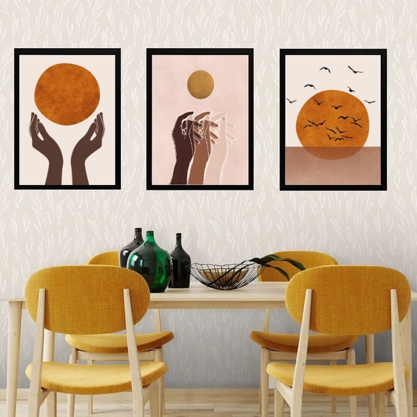 Kit 3 Quadros Orgânicos Boho - Sol 45x34cm Moldura:madeira Pr