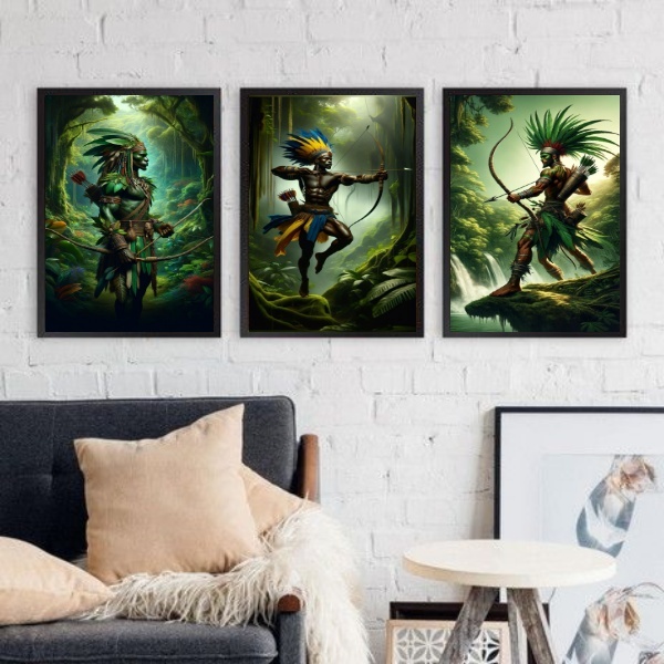Kit 3 Quadros Oxossi Guerreiro - Candomblé 45x34cm - Com Vidr