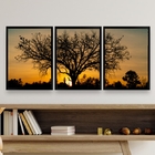 Kit 3 Quadros Paisagem Árvore Por do sol 33x24cm - Com Vidro