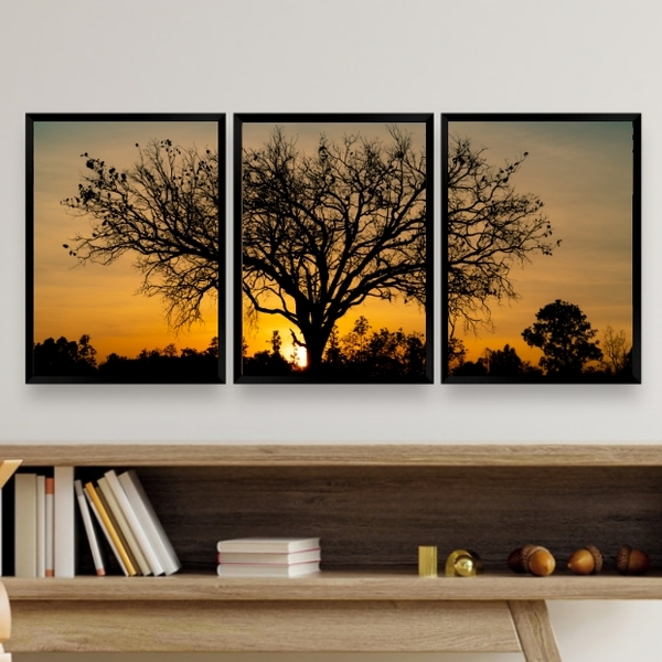 Kit 3 Quadros Paisagem Árvore Por do sol 33x24cm - Com Vidro