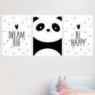 Kit 3 Quadros Panda - Dream Big - Be Happy 33x24cm - Com Vidr