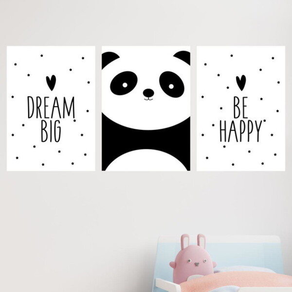 Kit 3 Quadros Panda - Dream Big - Be Happy 33x24cm - Com Vidr