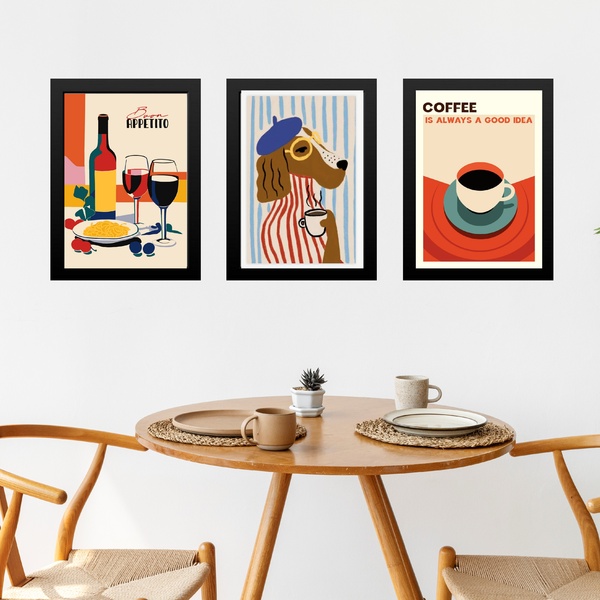 Kit 3 Quadros Para Cozinha Café Cão Vinho 24x18cm - Com Vidro