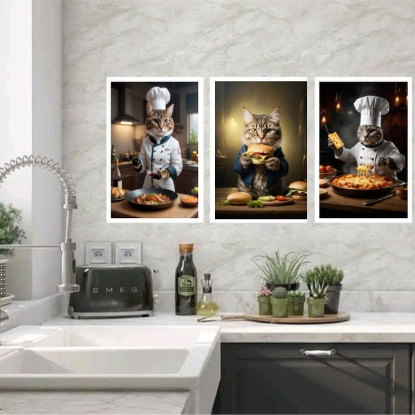 Kit 3 Quadros Para Cozinha Gatos Com Comidas 33x24cm Moldura