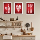Kit 3 Quadros Para Cozinha Vermelha 24x18cm - Com Vidro Moldu