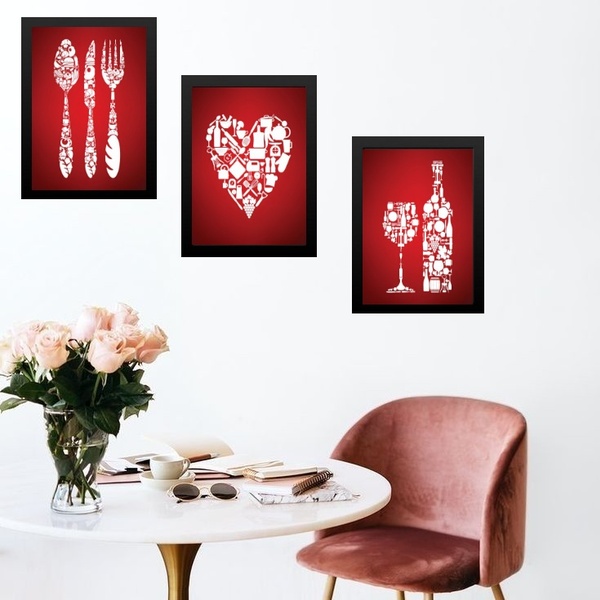 Kit 3 Quadros Para Cozinha Vermelha 33x24cm Moldura:madeira P