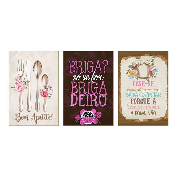 Kit 3 Quadros Para Decoração Frases Cozinha Casamento Flores