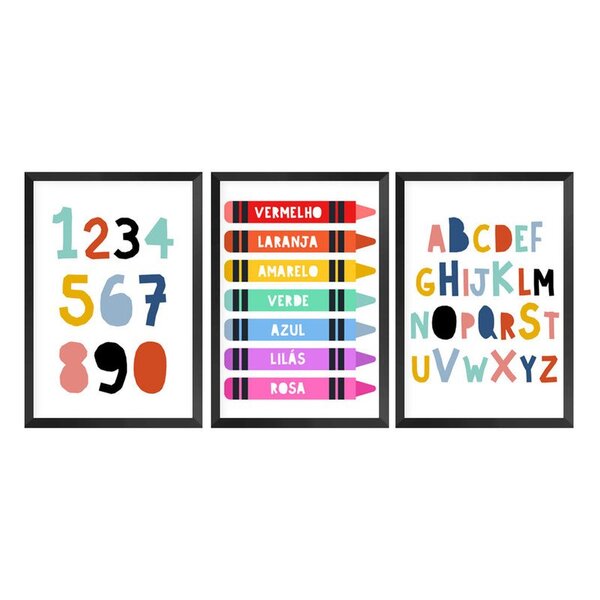 Kit 3 Quadros Para Decoração Quarto Infantil Alfabeto Numerai
