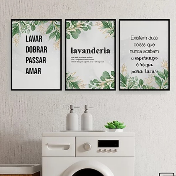 Kit 3 Quadros Para Lavanderia Folhas 33x24cm - Com Vidro Mold