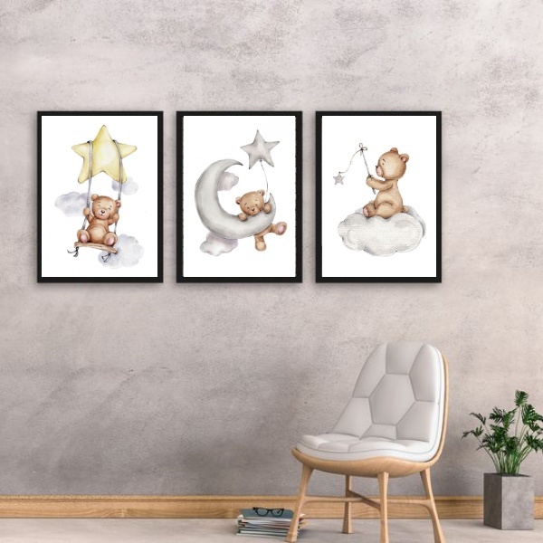 Kit 3 Quadros Para Quarto De Bebê Ursinhos 33x24cm Moldura:ma
