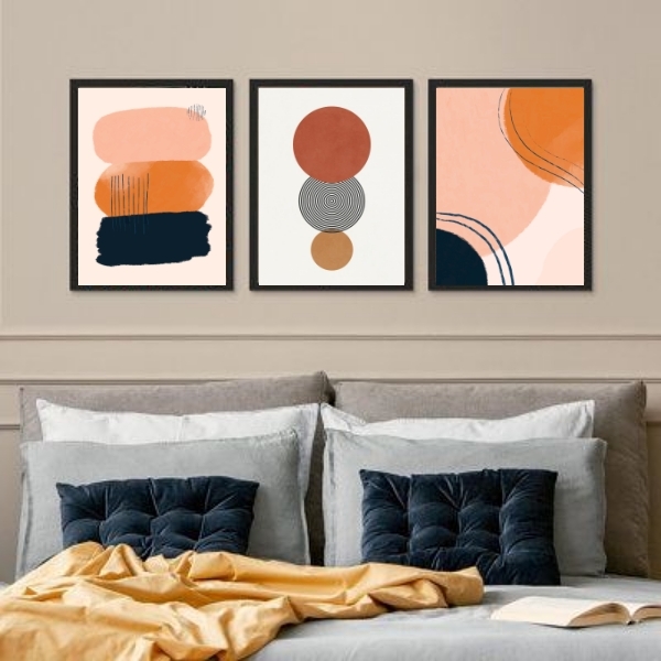 Kit 3 Quadros Para Quarto Marrom - Abstratos 45x34cm - Com Vi