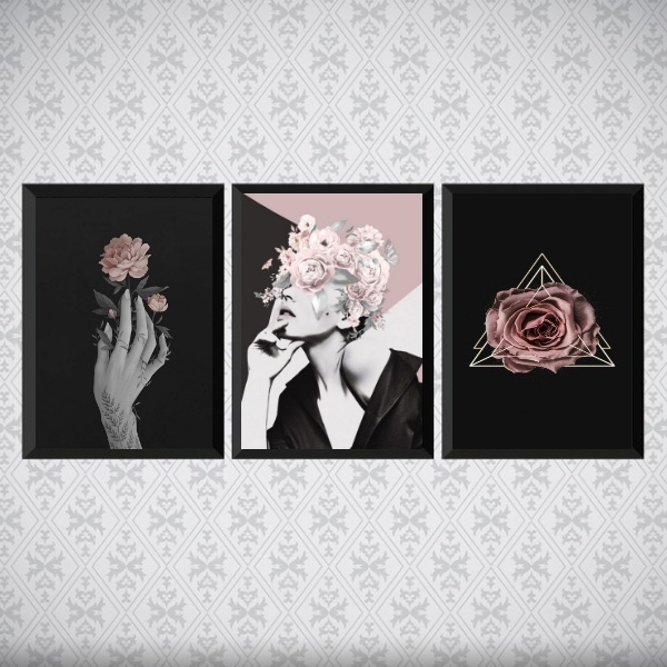 Kit 3 Quadros Para Quarto Mulher E Rosas 45x34cm - Com Vidro