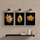 Kit 3 Quadros Para Sala Folhas Douradas 24x18cm - Com Vidro M