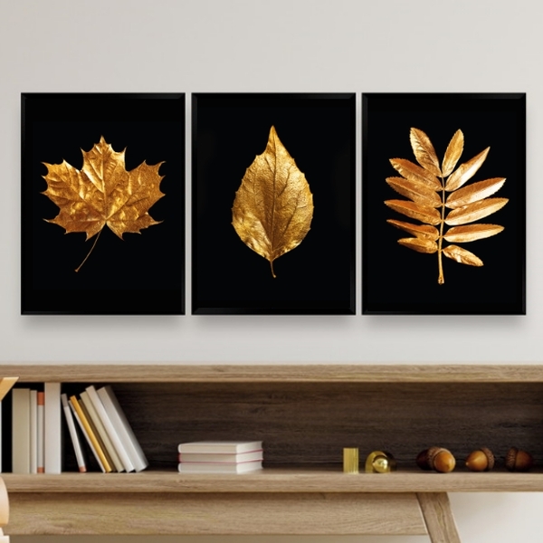 Kit 3 Quadros Para Sala Folhas Douradas 45x34cm - Com Vidro M