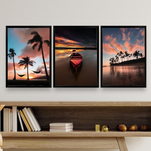 Kit 3 Quadros Para Sala Por Do Sol Na praia 33x24cm Moldura:m